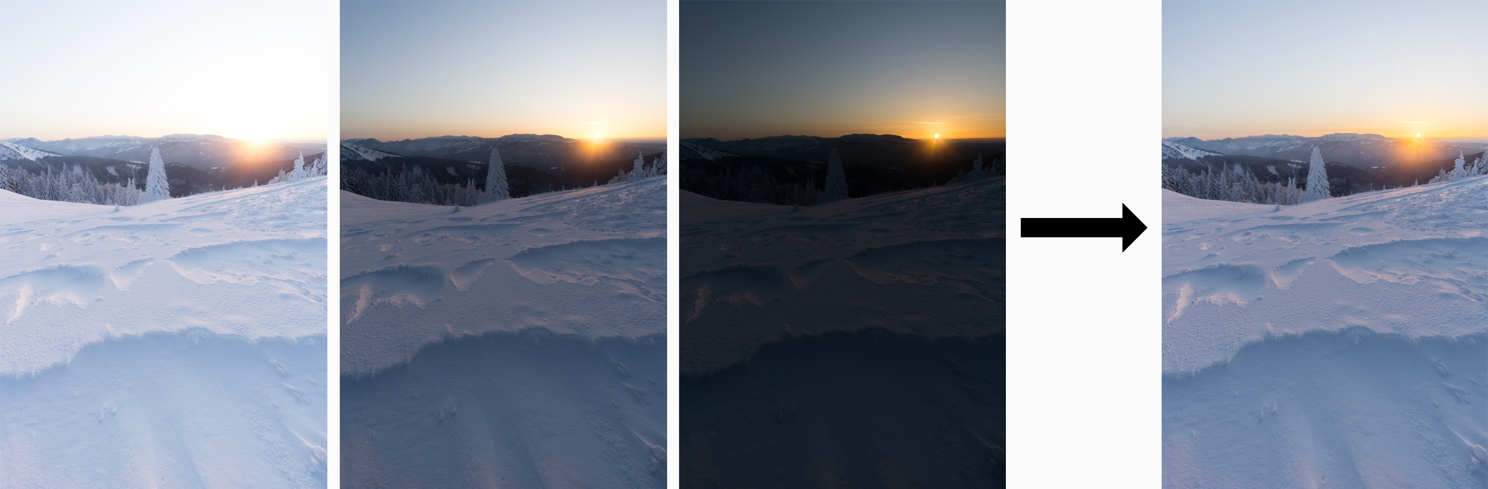 Bracketing of one partial image: overexposed (+2EV), flat exposed and underexposed (-2EV) images combined into the bracketed image. Technique known as HDR - but used softly without overdoing it. Main aim here was to get smoother color transitions in snow and to preserve highlights (notice the sun disc in combined image). If I omitted this step, I would have had only the middle normal exposed image out of these as a starting point for editing which would result in overally flatter image. This may not seem so