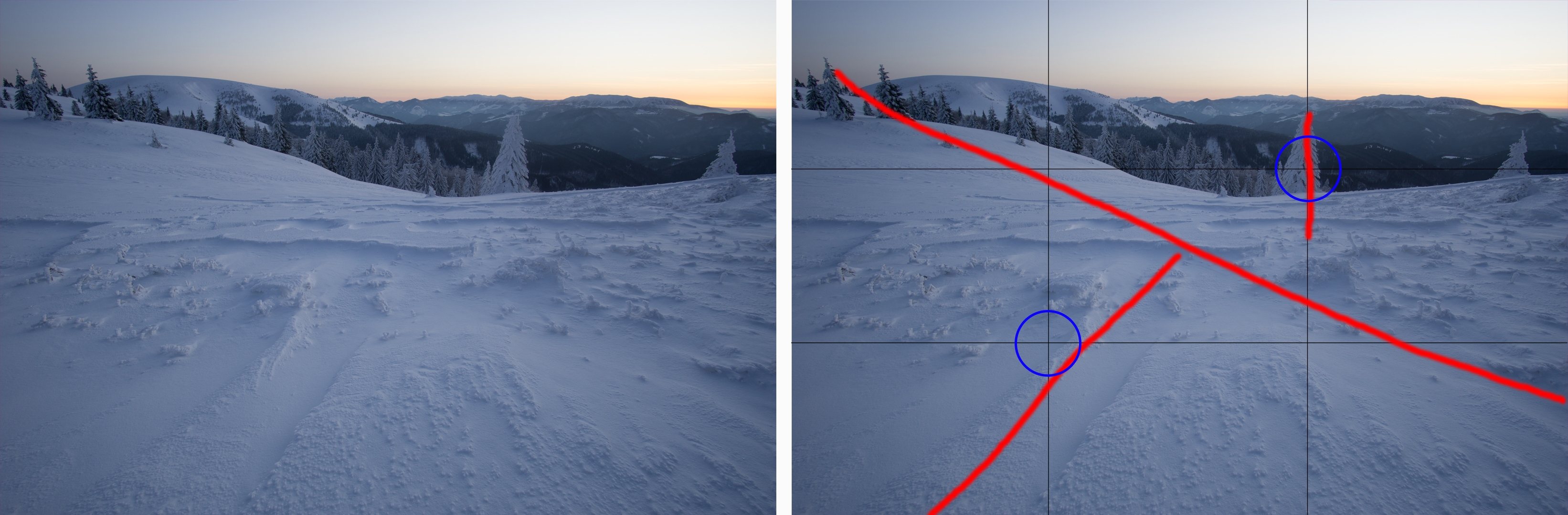 First composition test (raw export): simple rule of thirds, prominent tree in upper right intersection point. Snow forms a "triangle" leading into the image center both from left and right. Also imaginary line leads all the way from lower right corner continuing with the slope below the forest. However, the shapes in snow seem too subtle to me with many distracting points.