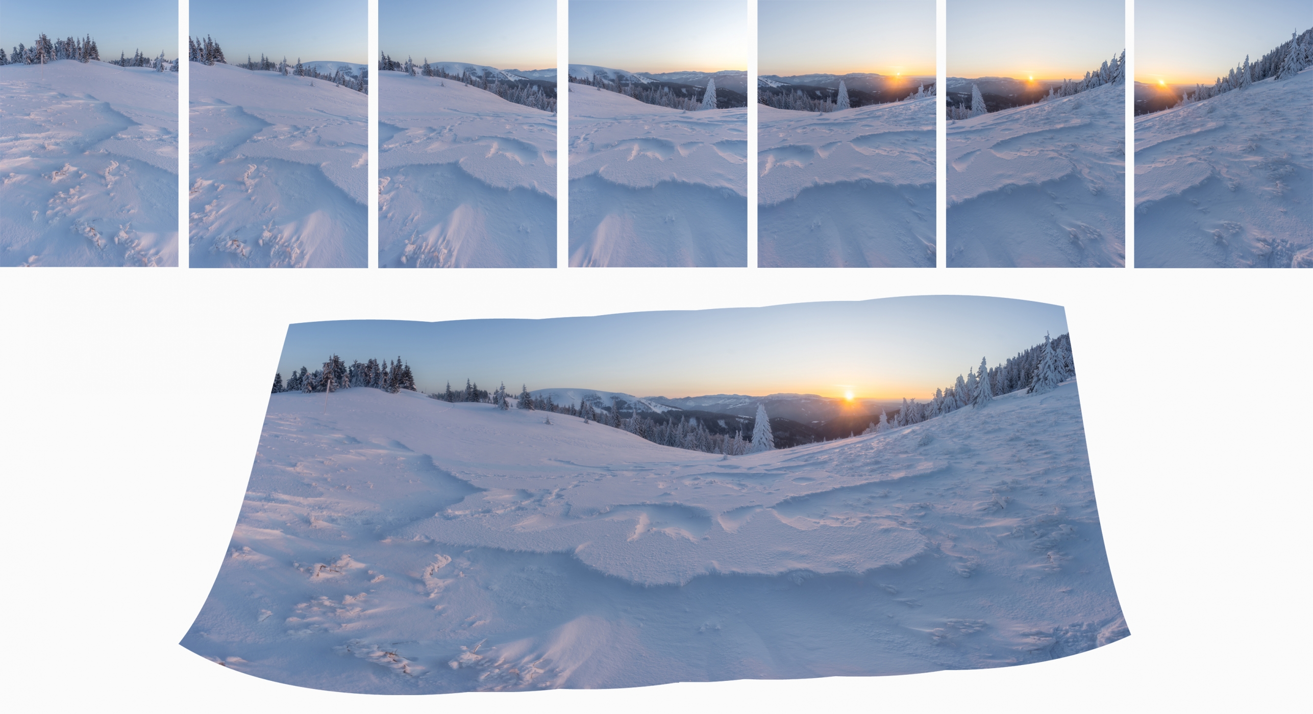 Stitching partial images into one: having 7 images in one row, 3 images for bracketing per each, it means I had to shoot 3x7=21 total. Notice the difference in curvature of partial images caused by the wide angle lens (e.g. the tree leans to the left or to the right according to its position in frame even though all shots were captured with horizon straight). It is better to use not so wide lens for panoramic stitched images due to this effect. Luckily, algorithms these days present usable results anyway an