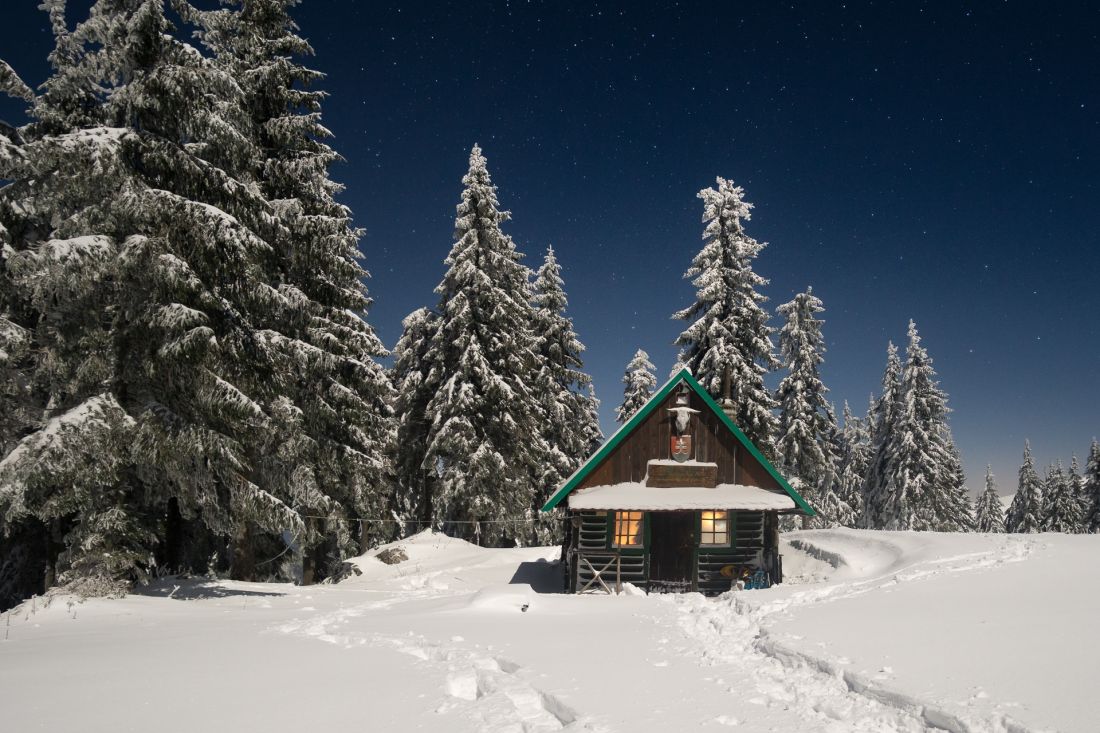 Cozy cabin in full moon light. Free to use, lost in the middle of mountains, one of my favourite places up there.